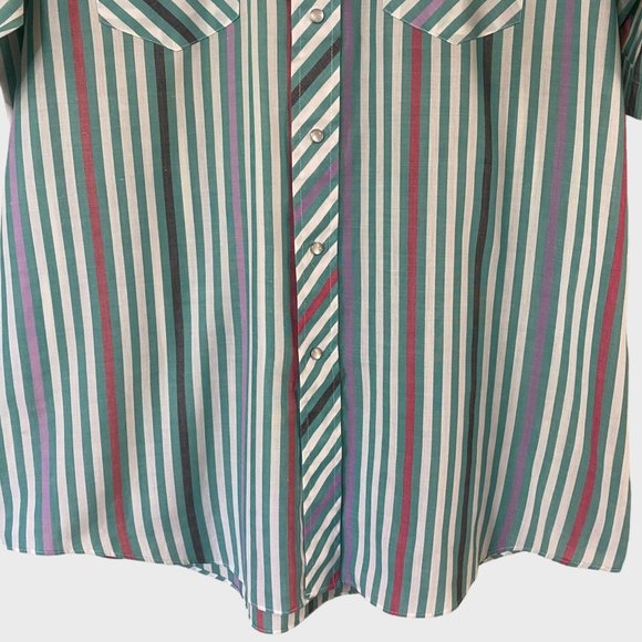 Vintage Ranchwear Western Pearl Snap Shirt Mens 16 1/2 Green Stripe Short Sleeve - Picture 7 of 12